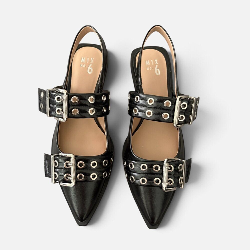 Mix No. 6 Black Faux Leather “Sybel” Slingback Double Buckle Pointed Flats Sz 10